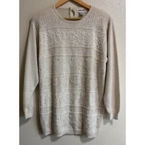 Vintage Alfred Dunner Cream Wool Blend Sequin Beaded Sweater Grannycore Size L